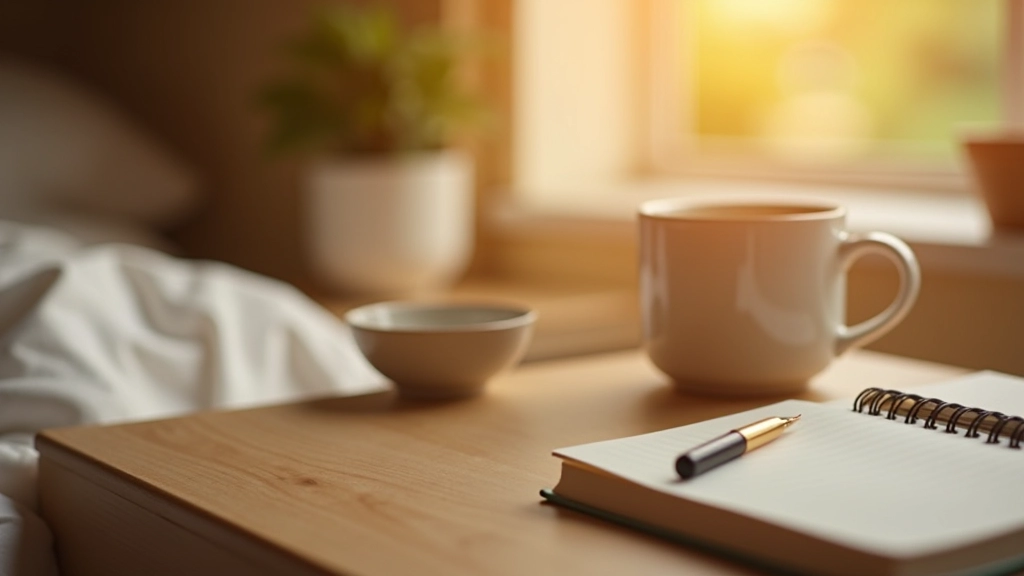 Warm mug of tea placed on bedside table next to an open journal, soft winter morning light