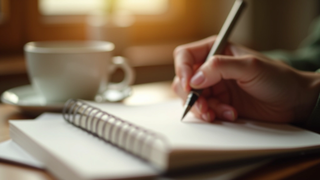 Person journaling during morning routine with warm beverage nearby