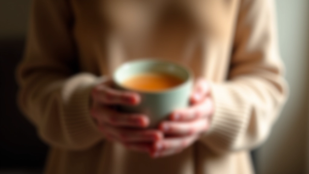 Close-up of hands holding a warm mug during meditation practice indoors