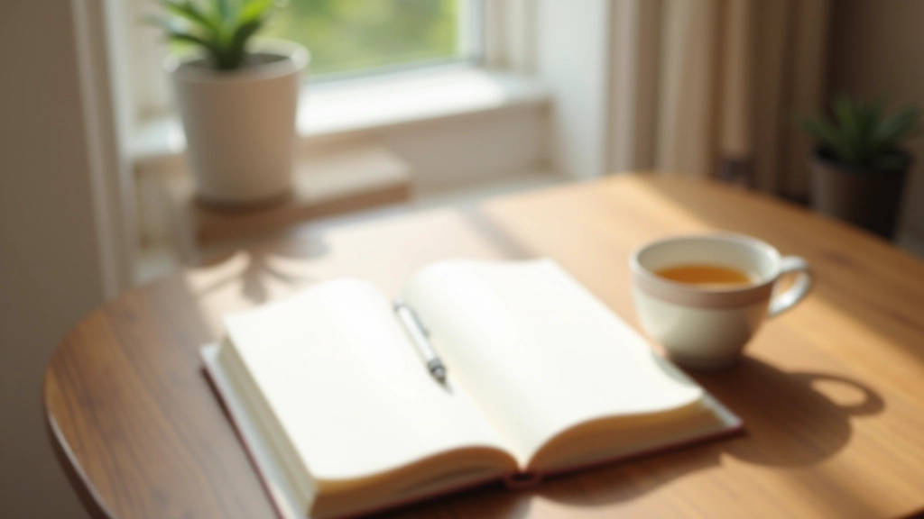 Cozy morning workspace with journal, tea, and soft natural light from window
