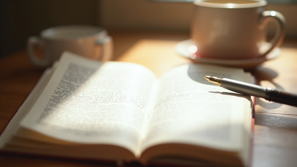 Open journal with pen and handwritten notes, warm morning light on wooden desk