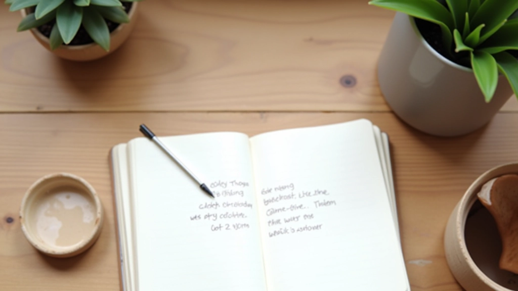 Notebook with handwritten notes on a table with plants and morning coffee