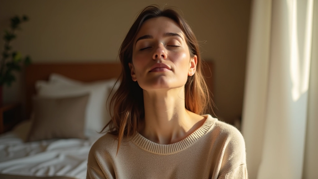 Person with eyes gently closed, practicing breathing meditation in soft morning bedroom light