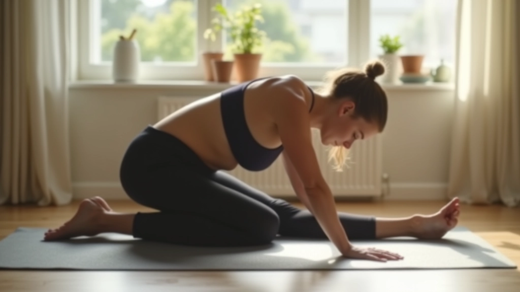 Person doing gentle yoga stretch on a mat with mountains visible through window