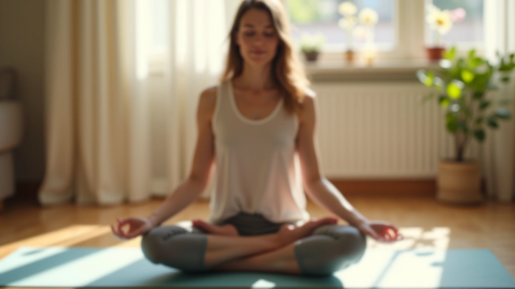 Person in meditation posture on yoga mat with morning light streaming through window