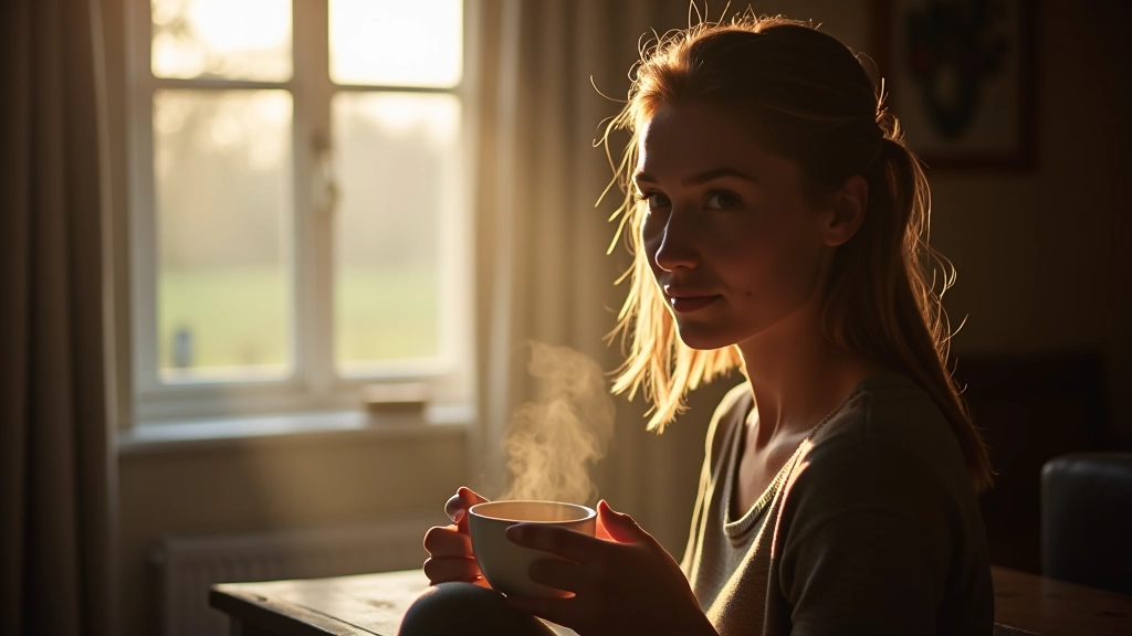 Peaceful morning moment with warm beverage by window, soft natural lighting