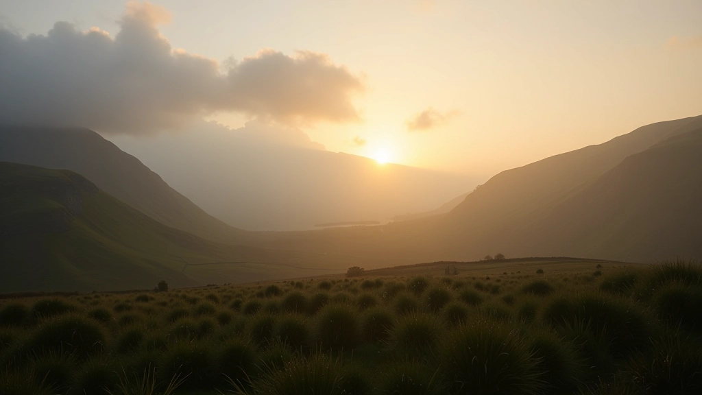 Peaceful morning scene with soft light breaking through clouds over Irish landscape