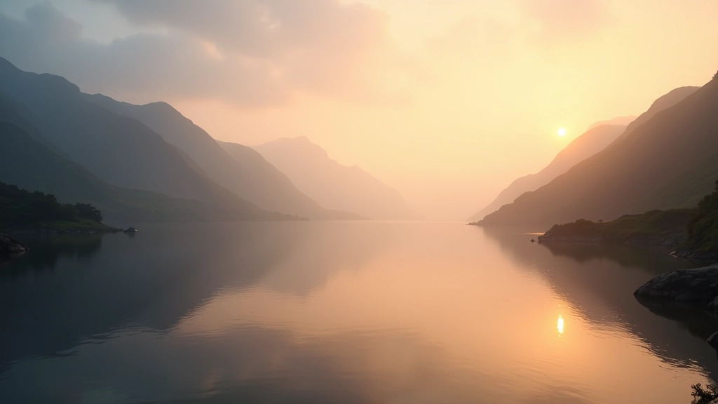 Misty Irish morning landscape with calm water and hills at sunrise