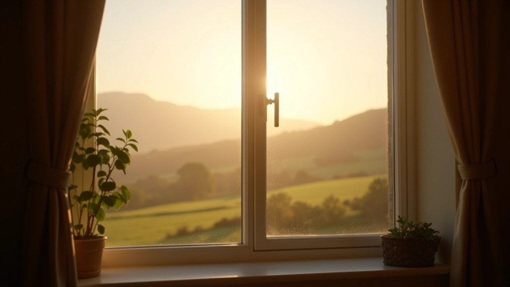 Serene morning scene with Irish countryside through window, soft natural light