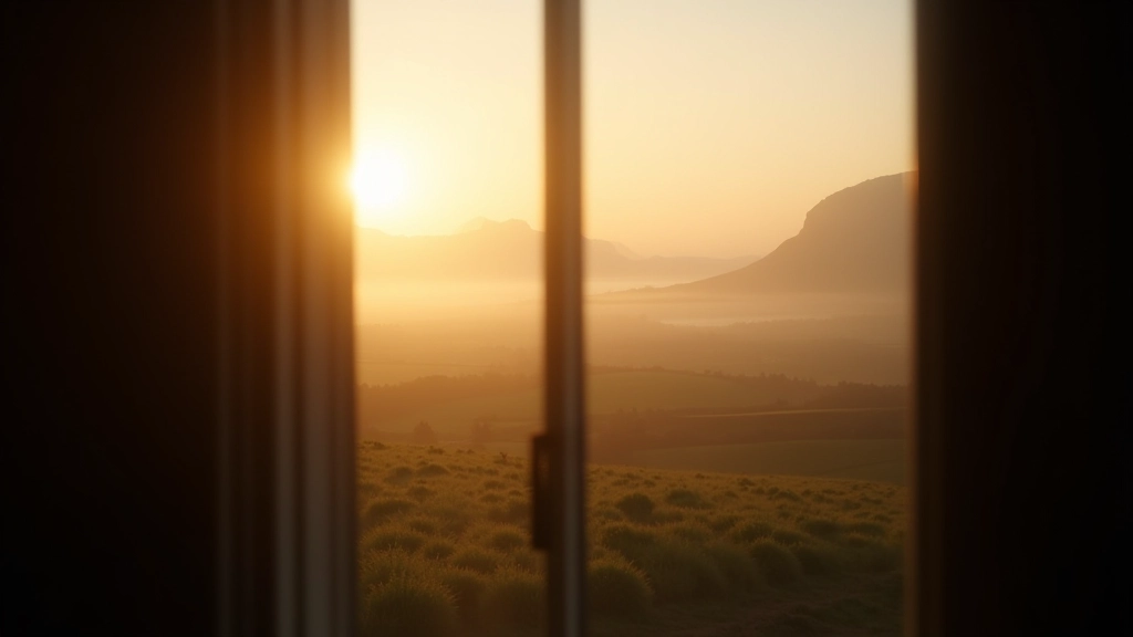 Irish countryside view through window at dawn with mist and soft golden light