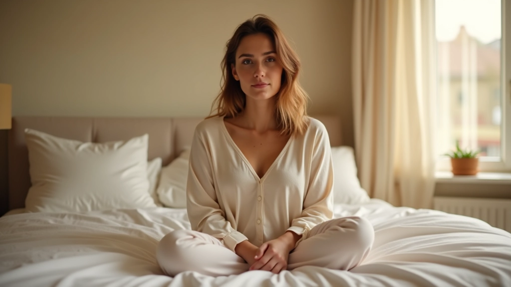 Person practicing box breathing technique while sitting comfortably on a bed in morning light