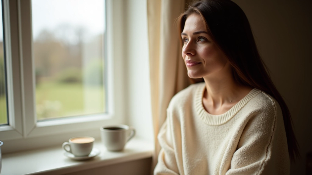 Person in cozy sweater with warm tea, morning sunlight coming through window