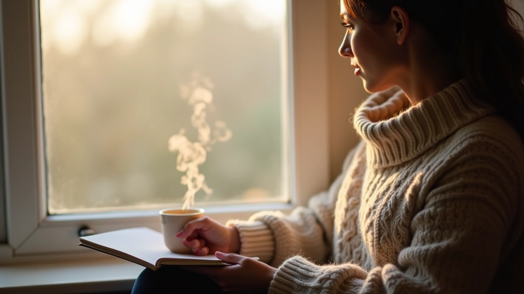 Woman sitting on window seat at dawn, journaling with warm tea beside her